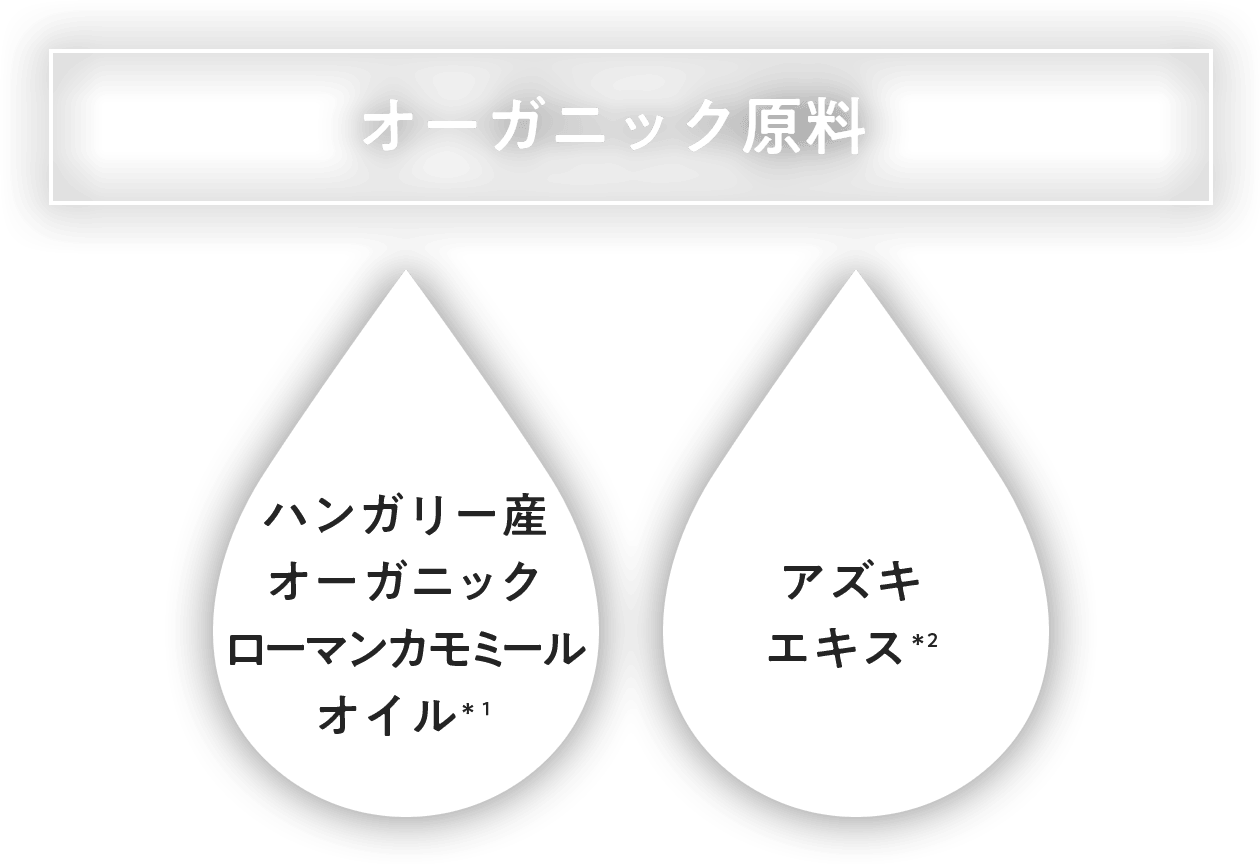オーガニック原料　ハンガリー産オーガニックローマンカモミールオイル＊1　アズキエキス＊2