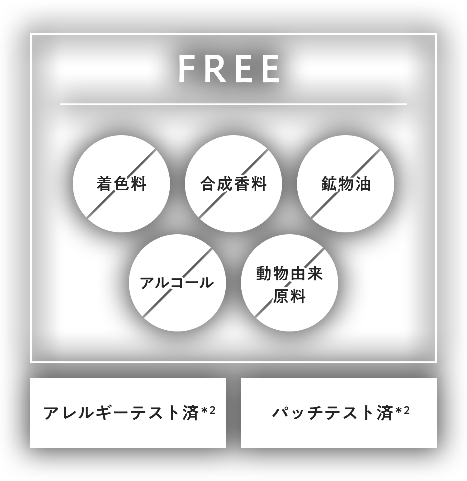 着色料FREE、合成香料FREE、鉱物油FREE、アルコールFREE、動物由来成分FREE、アレルギーテスト済＊3、パッチテスト済＊3